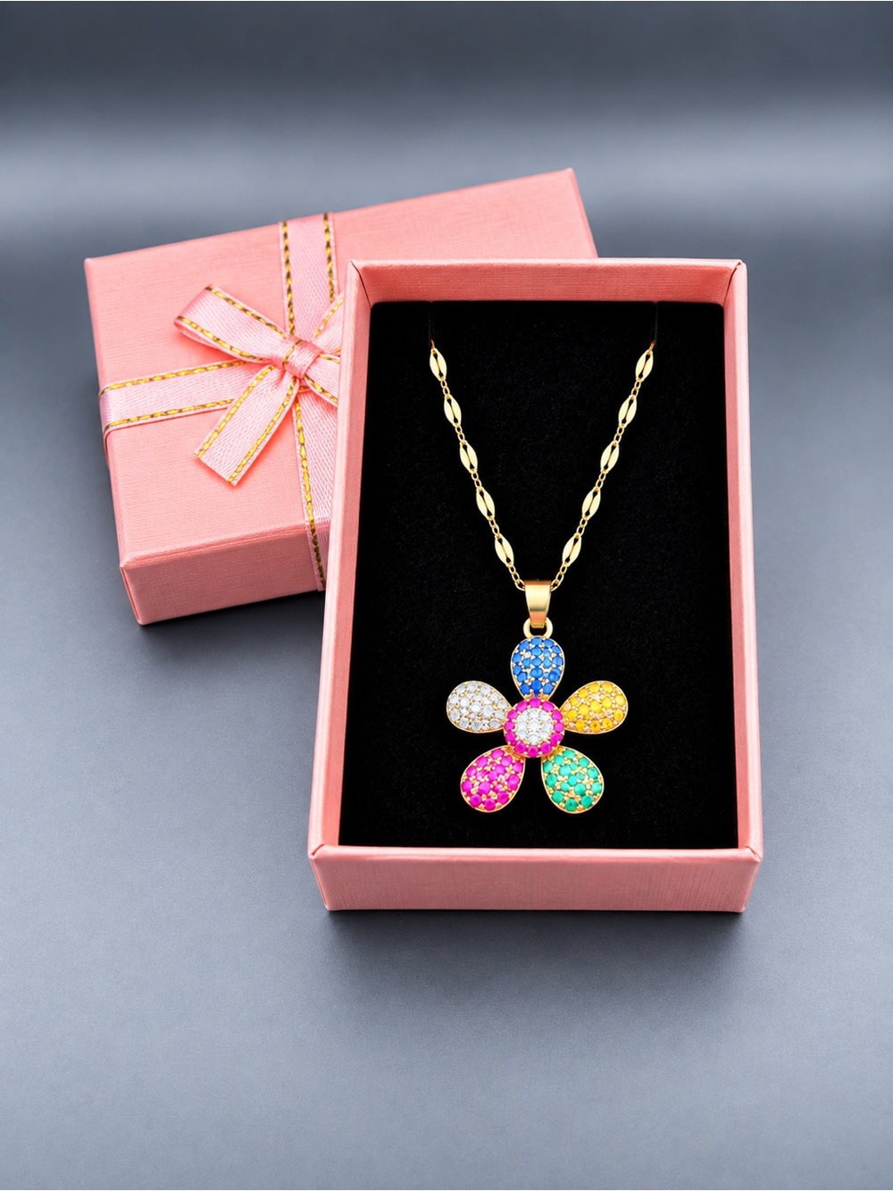 Gold Flower Pendant Necklace with Multicolor Gem Petals